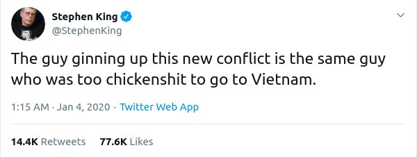 عصبانیت نویسنده مشهور از سیاست های دونالد ترامپ  |  او ( ترامپ )  همان فرد حقیر و بی‌ارزشی است که به جنگ ویتنام نرفت!